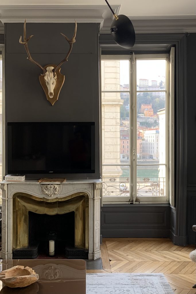 Projet Lucile - Salon, cheminée avec télé décoration certf, grande fenêtre pièce lumineuse