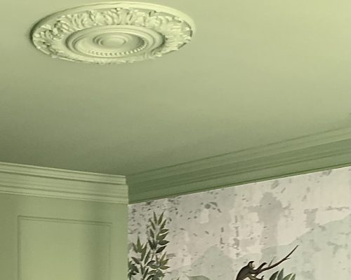 Projet Valérie Projet Valérie - chambre aux tons vert, plafond avec moulures