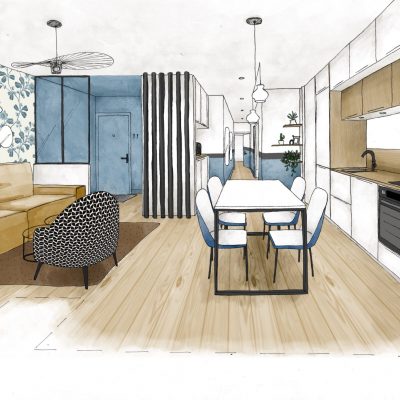 Dessin coloré d’un salon/cuisine Cuisine coloré