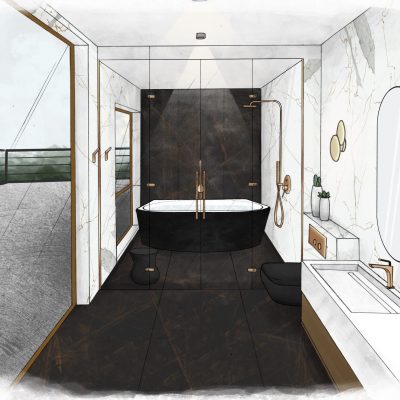 Salle de bain avec baignoire Dessin coloré d'une salle de bain avec baignoire, au ton noir